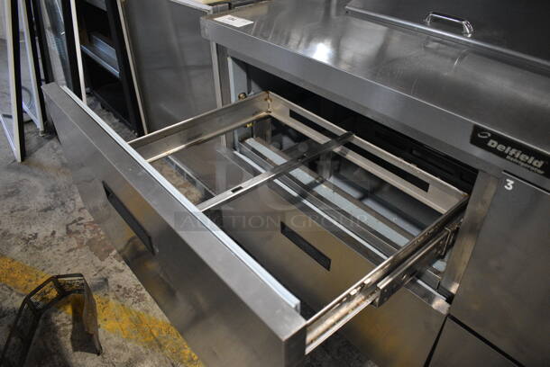 Delfield Model UCD4464N-12-DD5 Stainless Steel Commercial Sandwich Salad Prep Table Bain Marie Mega Top w/ Over Shelf on Commercial Casters. Comes w/ Damaged, Detached Kickplate. 115 Volts, 1 Phase. 65x32x50. Cannot Test - Unit Trips Breaker - Image 7 of 10