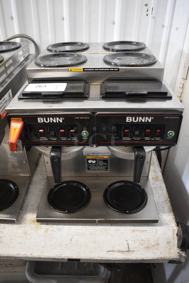 2012 Bunn Model CWTF 4/2 TWIN Stainless Steel Commercial Countertop Dual 6 Burner Coffee Machine w/ Hot Water Dispenser and 2 Metal Brew Baskets. 120/240 Volts, 1 Phase. 16x20x19