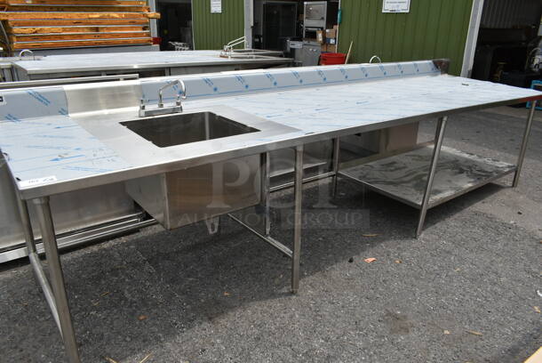 BRAND NEW SCRATCH AND DENT! Stainless Steel Commercial Counter w/ Sink Bay, Faucet, Handles and Under Shelf. - Image 1 of 8