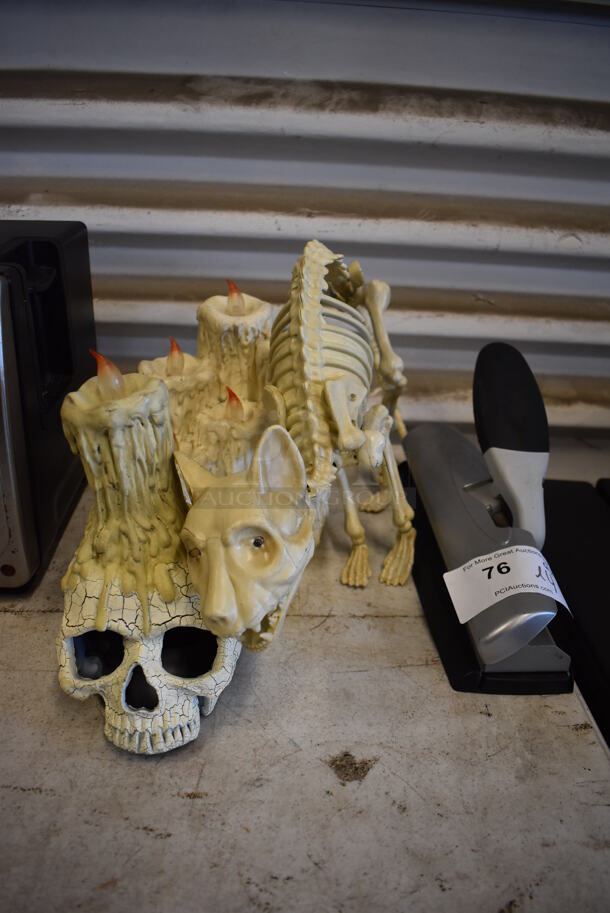 ALL ONE MONEY! Lot of Hole Punch and 3 Halloween Decorations; Cat Skeleton, Head Skeleton w/ Candle and Multi Candle. Includes 13x4.5x6.5