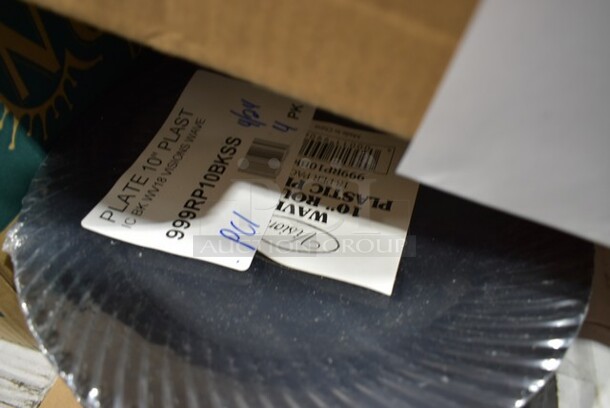 PALLET LOT of 25 BRAND NEW Boxes Including 2 Box 500TO883 Choice 8" x 8" x 3" Microwaveable 1-Compartment Black / Clear Plastic Hinged Container - 100/Case, 2 Box 795PTOBK3 Choice 7 3/4" x 5 1/2" x 2 1/2" Black Microwavable Folded Paper #3 Take-Out Container - 200/Case, 500TW14 Choice 14 oz. Translucent Thin Wall Plastic Cold Cup - 1000/Case, 966UPWIDEB1 OneUp by Choice White 1-Ply Wide Interfold 6 1/2" x 8 1/2" Dispenser Napkin - 6000/Case, 3941085XL Lavex Powder-Free Disposable Nitrile Black 5 Mil Thick Textured Gloves - Extra Large - 1000/Case, 4385M Noble Products White Powder-Free Disposable Latex Gloves for Foodservice - Medium - 1000/Case, Cambro UPCS400131 Ultra Pan Carrier® S-Series Dark Brown Front Loading Insulated Food Pan Carrier with Menu Clip / Pocket - Holds 6 Pans, 999RP10BKSS Visions Wave 10" Black Plastic Plate - 18/Pack, 2 Box 600BDR42 Regency 42" Stainless Steel Underbar Mount Beer Drip Tray. 25 Times Your Bid! - Image 8 of 12