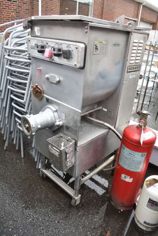 Hobart 4246 S Stainless Steel Commercial Floor Style Meat Mixer Grinder w/ Foot Pedal on Commercial Casters. 208 Volts, 3 Phase.