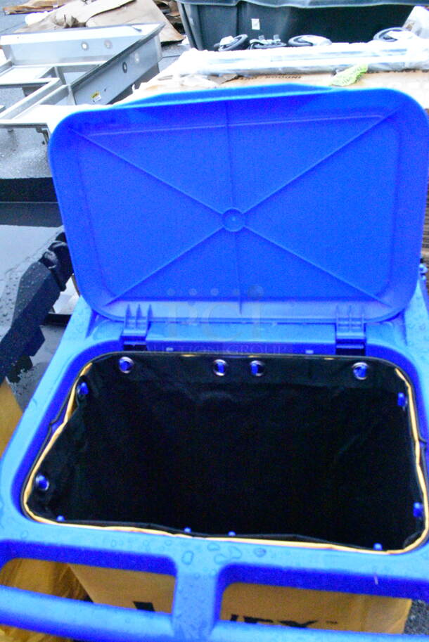 BRAND NEW SCRATCH AND DENT! Lavex 274BLUCARTWB Premium Blue 3-Shelf Janitor Cart Kit with Yellow Bag, Black Zipper Bag and Lid - Image 5 of 8