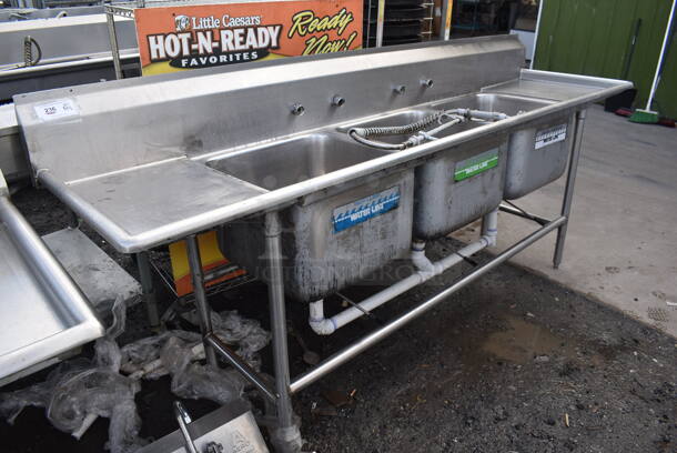 Stainless Steel Commercial 3 Bay Sink w/ Dual Drain Boards and Spray Nozzle Attachment. 102x26.5x45. Bays 20x20x14. Drain Boards 16x23x2