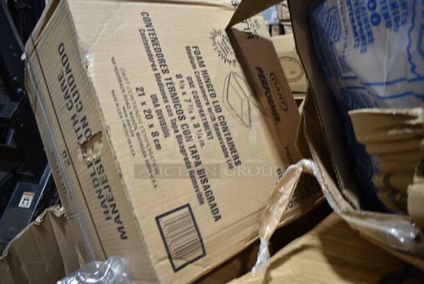 PALLET LOT of 18 BRAND NEW Boxes Including Dart 85HT1R 8" x 8" x 3" White Foam Square Take Out Container with Perforated Hinged Lid - 200/Case, 130WSPOON Choice Medium Weight White Plastic Teaspoon - 1000/Case, 5005DNAPWH Choice Touchstone White Linen-Feel 1/8 Fold Dinner Napkin - 300/Case, 8 oz Hot Cup Lids, 500MF883B1C Choice 8" x 8" 1-Compartment Microwaveable Black Mineral-Filled Plastic Hinged Take-Out Container - 150/Case, 612605070HD Choice Full Size Heavy-Duty Foil Steam Table Pan Deep 3 3/8" Depth - 50/Case. 18 Times Your Bid!  - Image 8 of 11