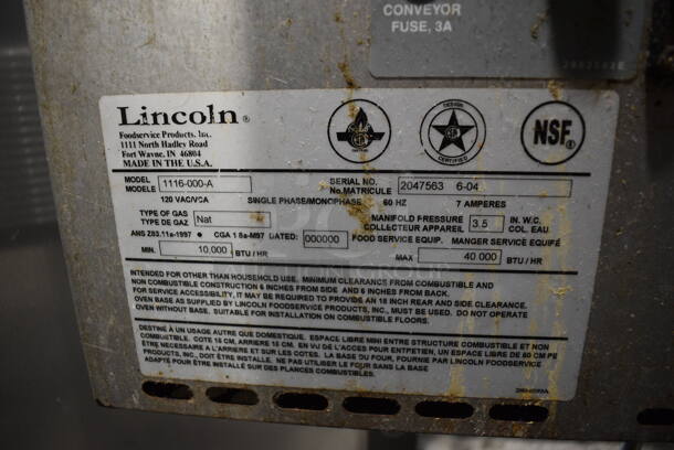 Lincoln Impinger 1116-000-A Stainless Steel Commercial Floor Style Natural Gas Powered Conveyor Pizza Oven on Commercial Casters. 72x40x42.5 - Image 10 of 11