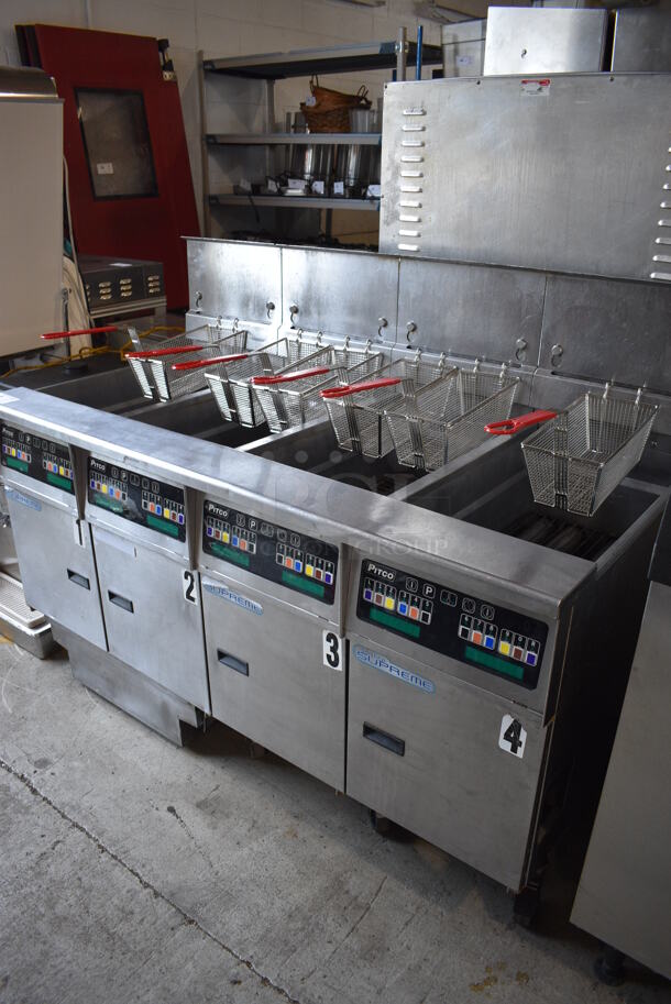 2014 Pitco Frialator Model SSH60 ENERGY STAR Stainless Steel Commercial 4 Bay Natural Gas Powered Deep Fat Fryer w/ 6 Metal Fry Baskets and Filtration System on Commercial Casters. 80,000 BTU. 62.5x35x49 - Image 11 of 11