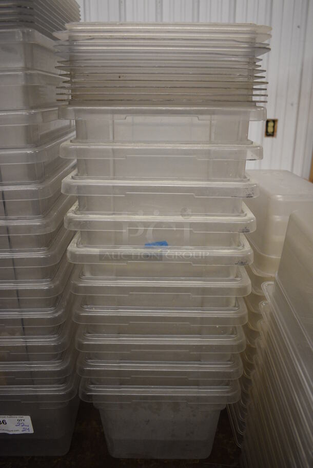 ALL ONE MONEY! Lot of 22 Clear Poly Bins w/ 24 Lids. 12x18x9 - Image 2 of 3