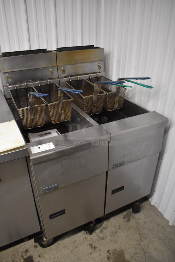 2012 Pitco Frialator SG14 Stainless Steel Commercial 2 Bay Natural Gas Powered Deep Fat Fryer w/ 4 Metal Fry Baskets on Commercial Casters. 110,000 BTU. 31.5x34x48 - Image 2 of 11