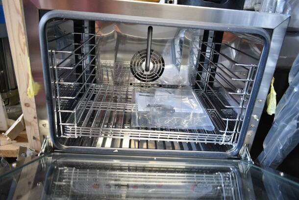 BRAND NEW SCRATCH AND DENT! Cooking Performance Group CPG 351COHD4M Stainless Steel Electric Digital Countertop 4 Tray Half Size Convection Oven with Steam Injection. 208/240 Volts, 1 Phase.  - Image 3 of 4