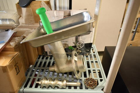 BRAND NEW SCRATCH AND DENT! Avantco 177MX20GRNDR Metal Commercial Meat Grinder w/ Tray and Pusher. Tested and Working!