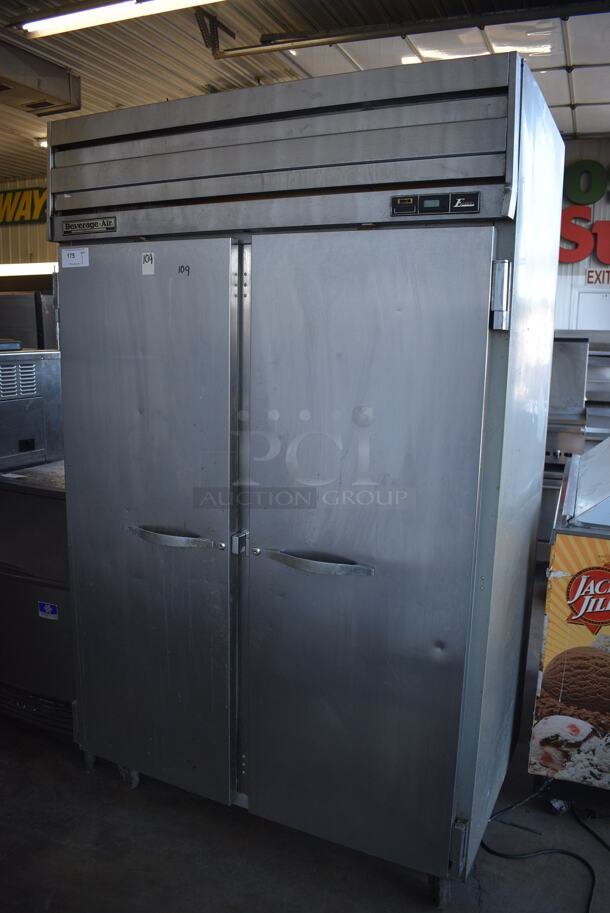 Beverage Air Model ER48-1AS Stainless Steel Commercial 2 Door Reach In Cooler w/ Metal Rack on Commercial Casters. 115 Volts, 1 Phase. 52x32x84. Tested and Working!