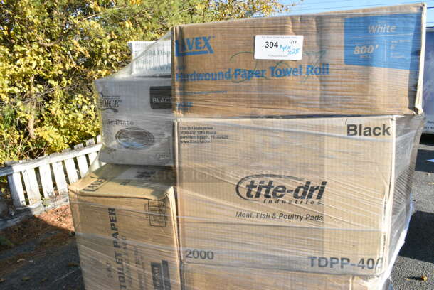 28 BRAND NEW! Boxes Including Lavex Towel Rolls, Tite Dri TDPP-400 Meat Pads, Choice 130BKFKSNSPH Heavy Weight Cutlery Packs, 395RP09 Compostable Plates - 9", Clear Dome Covers, CHoice Plastic Plates. 28 Times Your Bid!  - Image 2 of 12