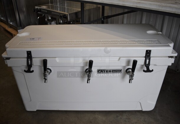 BRAND NEW! CaterGator JB100WH White 3 Faucet 106 Qt. Insulated Jockey Box with 120 ft. Coil. 39x18x20.5