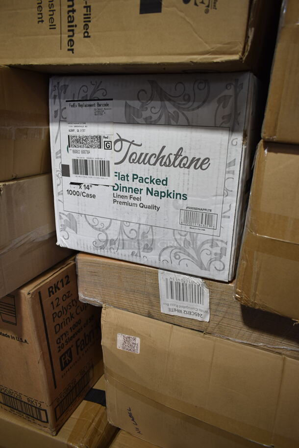 PALLET LOT of 35 BRAND NEW Boxes Including 5005DNAPFLTE Choice Touchstone White Linen-feel Dinner Napkin, 128HD8COMBO Choice Microwavable Translucent Plastic Deli Container and Lid, 2 Box 500L1020B Choice Black Hot Paper Cup Travel Lid, 485COLWNEON Choice Neon Wrapped Straw, 245CB12 Choice Customizable Plain Pizza Box, 500MF993B1C Choice 9" x 9" 1-Compartment Microwaveable Black Mineral-Filled Plastic Hinged Take-Out Container - 150/Case, RK12 Fabri-Kal RK Ribbed Cold Drink Cups, 12oz, Translucent, 50/Sleeve, 20 Sleeves/Carton, 2 Box 760V32 Carnival King 32 oz. Popcorn Cup - 500/Case, 760VP64 Carnival King Popcorn Bucket, Kari-out Company Japanese style Bamboo Chopsticks. 35 Times Your Bid! - Image 5 of 12