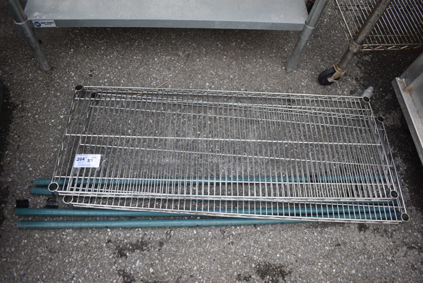 ALL ONE MONEY! Lot of 2 Chrome Finish Wire Shelves w/ 4 Green Finish Poles. 48x18x2, 54