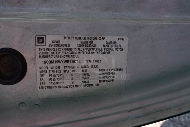 1998 Chevrolet Astro Cargo 3 Door Work Van. Odometer Reads 164,055. VIN 1GCDM19WXWB110716. Title In Hand. Vehicles and Drives. See Lot #10 For Additional Pictures. - Image 7 of 12