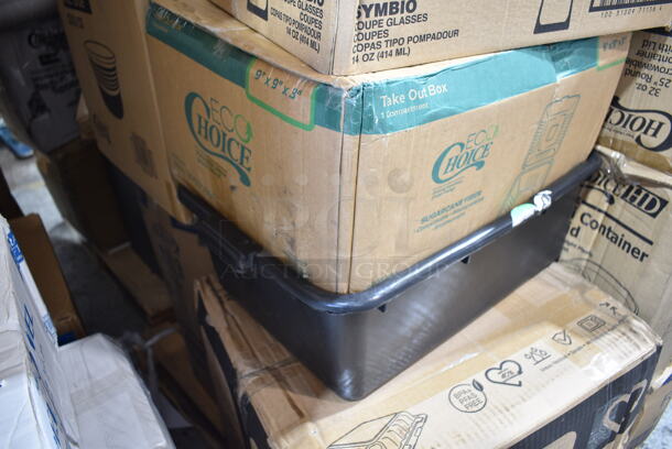 PALLET LOT of 36 BRAND NEW Boxes Including TN20 Solo Ultra Clear™ TN20 20 oz. Clear Straight Wall PET Plastic Cold Cup - 1000/Case, 760IC06B Choice 6 oz. Blue Paper Frozen Yogurt / Food Cup - 1000/Case, 130IC20BL500 Choice 20 lb. Blue Heavy Duty Plastic Ice Bag - 500/Case, 433MSLCPIE Choice 5" Clear Hinged Slice Container with Medium Dome Lid - 300/Case, 0 OneUp by Choice Kraft 2-Ply Wide Interfold 6 1/2" x 8 1/2" Dispenser Napkin - 6000/Case, Vigor 473SSAUCP6 6 Qt. Stainless Steel Sauce Pan with Aluminum-Clad Bottom and Cover, Libbey 1102 Symbio 14 oz. Customizable Coupe Glass - 12/Case, 471SAUC3QT Choice 2.75 Qt. Tapered Aluminum Sauce Pan, 129MCR32B Choice 32 oz. Black Round Microwavable Heavy Weight Container with Lid 7 1/4" - 150/Case, 128HD16COMBO ChoiceHD 16 oz. Microwavable Translucent Plastic Deli Container and Lid Combo Pack - 240/Case, SBTG3 Dart TamperGuard 3-Compartment Tamper-Resistant, Tamper-Evident Container - 300/Case, Response 12620 2-Ply Jumbo 1750' Toilet Paper Roll with 12" Diameter - 6/Case, 3 Box Lavex Li'l Herc 55-60 Gallon 1.2 Mil 38" x 58" Low Density Medium-Duty Black Trash Bag / Can Liner - 100/Case, 612FFL1230 Choice Foil Steam Table Pan Lid - Full Size - 50/Case. 36 Times Your Bid! - Image 9 of 12