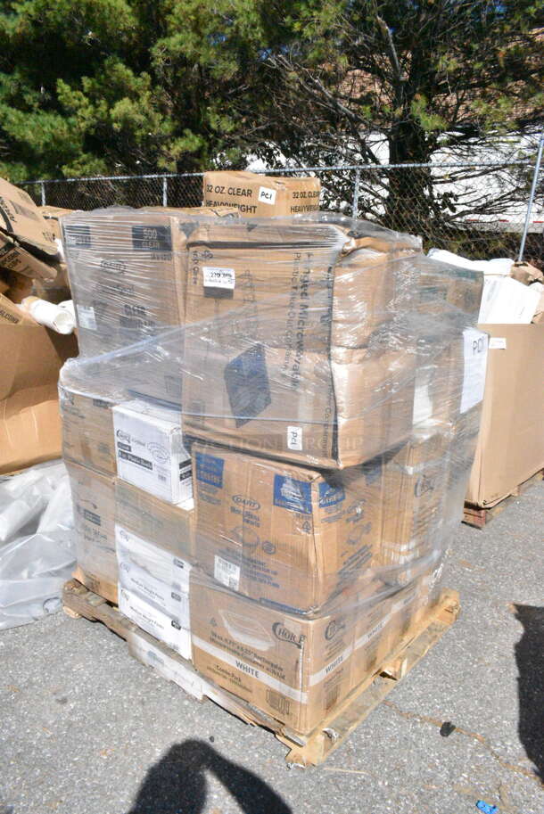 35 BRAND NEW Boxes Including 3 Box 129MCS38W Choice 38 oz. White 8 3/4" x 6 1/4" x 2" Rectangular Microwavable Heavy Weight Container with Lid - 150/Case, CTR64BF Dart SafeSeal 64 oz. Plastic Tamper-Resistant, Tamper-Evident Bowl with Flat Lid - 100/Case, 500TO10103C3 Choice 10" x 10" x 3" Microwaveable 3-Compartment Black / Clear Plastic Hinged Container - 100/Case, 3 Box 130WFORK Choice Medium Weight White Plastic Fork - 1000/Case, 347RB6CL Choice Crystal 6 oz. Clear Plastic Bowl - 240/Case, Dart C53PST1 ClearSeal Hinged Lid Plastic Container 5 3/8" x 5 1/4" x 2 5/8" - 500/Case, 500TW35 Choice 3.5 oz. Translucent Thin Wall Plastic Cold Cup - 2500/Case, 5008DWALLW Choice 8 oz. Tall White Smooth Double Wall Paper Hot Cup - 500/Case, 5008DWPLAWH EcoChoice 8 oz. Squat Smooth Double Wall White Compostable Paper Hot Cup - 500/Case, 395TO961PF EcoChoice 9" x 6" x 3" No PFAS Added Natural Bagasse Blend Take-Out Container - 200/Case, 5014046HVY Lavex Hercules 45 Gallon 2 Mil 40" x 46" Low Density Heavy-Duty Black Can Liner / Trash Bag - 100/Case, 4 Box 130BSSPOON Choice Individually Wrapped Medium Weight Black Plastic Soup Spoon - 1000/Case, 612POB15LBSH Choice 1.5 lb. Oblong Shallow Foil Take-out Container with Dome Lid - 250/Case, 500CC20 Choice Clear PET Customizable Plastic Cold Cup - 20 oz. - 600/Case. 35 Times Your Bid! - Image 1 of 12