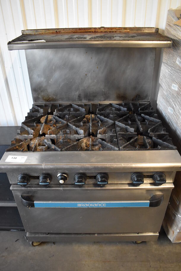 Radiance Stainless Steel Commercial Natural Gas Powered 6 Burner Range w/ Oven, Over Shelf and Back Splash on Commercial Casters. 36x33x57