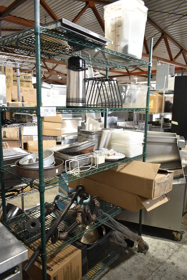 ALL ONE MONEY! Metro Lot of Various Items Including Air Pot, Cutting Board Rack, Metal Baking Pans, Metal Pipes. Does Not Include Shelving Unit. 