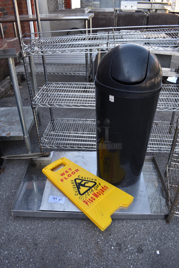 ALL ONE MONEY! Lot of Various Items Including Poly Black Trash Can, Poly Yellow Wet Floor Caution Sign and Metal Panel