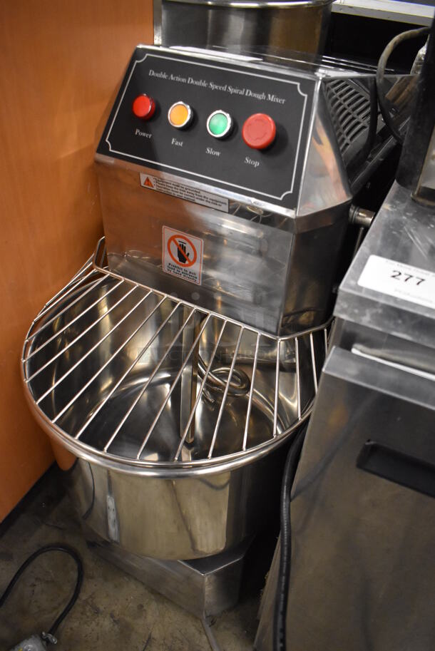 LIKE NEW! Stainless Steel Commercial Floor Style Spiral Mixer w/ Stainless Steel Mixing Bowl, Bowl Guard and Dough Hook Attachment. 125 Volts, 1 Phase. 17x30x37. Tested and Working! - Image 1 of 8