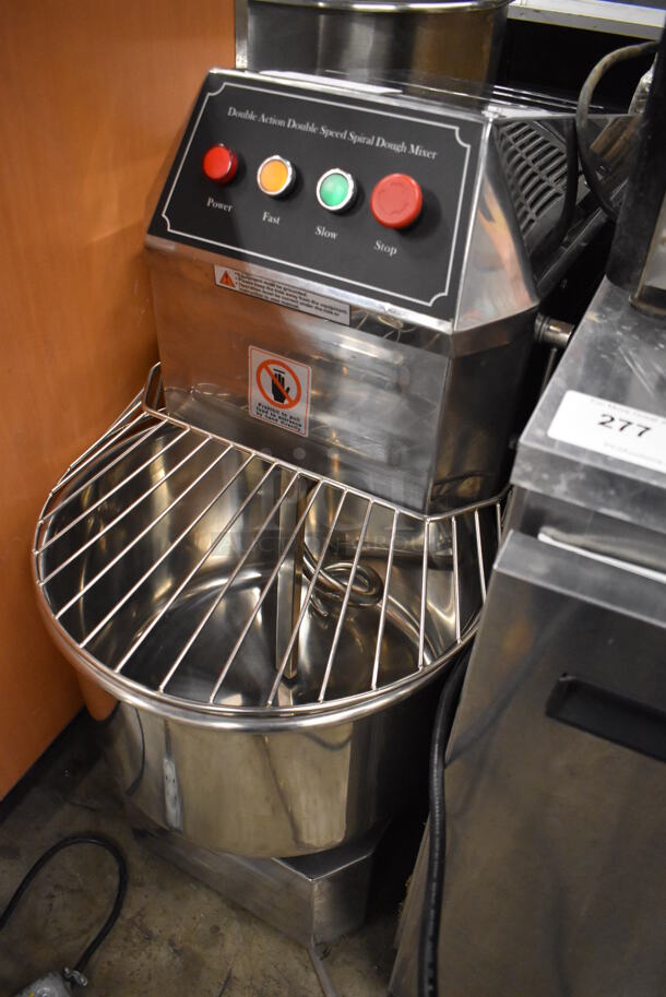 LIKE NEW! Stainless Steel Commercial Floor Style Spiral Mixer w/ Stainless Steel Mixing Bowl, Bowl Guard and Dough Hook Attachment. 125 Volts, 1 Phase. 17x30x37. Tested and Working!