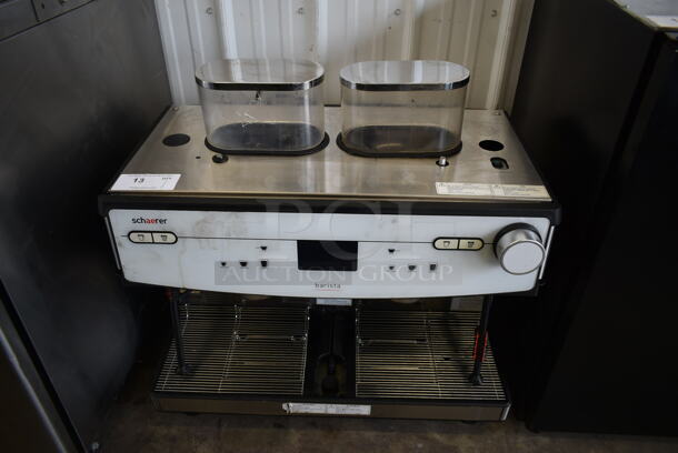 2018 Schaerer Barista Metal Commercial Countertop 2 Group Espresso Machine w/ 2 Hoppers and 2 Steam Wands. 208/240 Volts, 1 Phase.