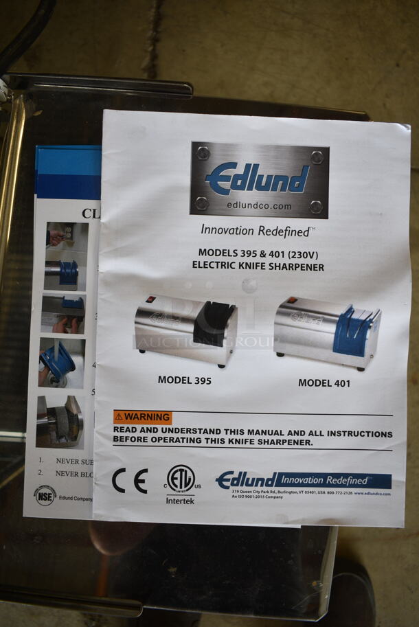 BRAND NEW SCRATCH AND DENT! Edlund 401 Stainless Steel Countertop Electric Knife Sharpener with Guides and Pressure Sensitive Motor. 230 Volts, 1 Phase.  - Image 5 of 6