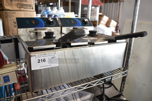 BRAND NEW SCRATCH AND DENT! 2023 Hoocoo FRY-20L Stainless Steel Commercial Countertop Electric Powered 2 Bay Deep Fat Fryer w/ 2 Metal Baskets and 2 Lids. 120 Volts, 1 Phase. - Image 2 of 6
