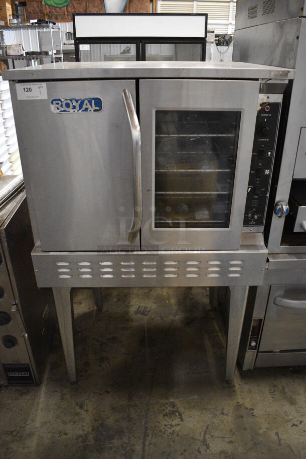 Royal RCOS-1 Stainless Steel Commercial Natural Gas Powered Full Size Convection Oven w/ View Through Door, Solid Door and Metal Racks on Metal Legs. 38x38x63