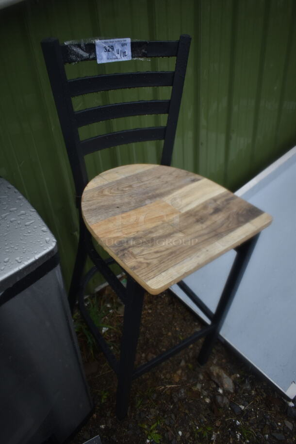 BRAND NEW SCRATCH AND DENT! Lancaster Table & Seating Black Metal Bar Height Chair w/ Wood Pattern Seat. - Image 3 of 3