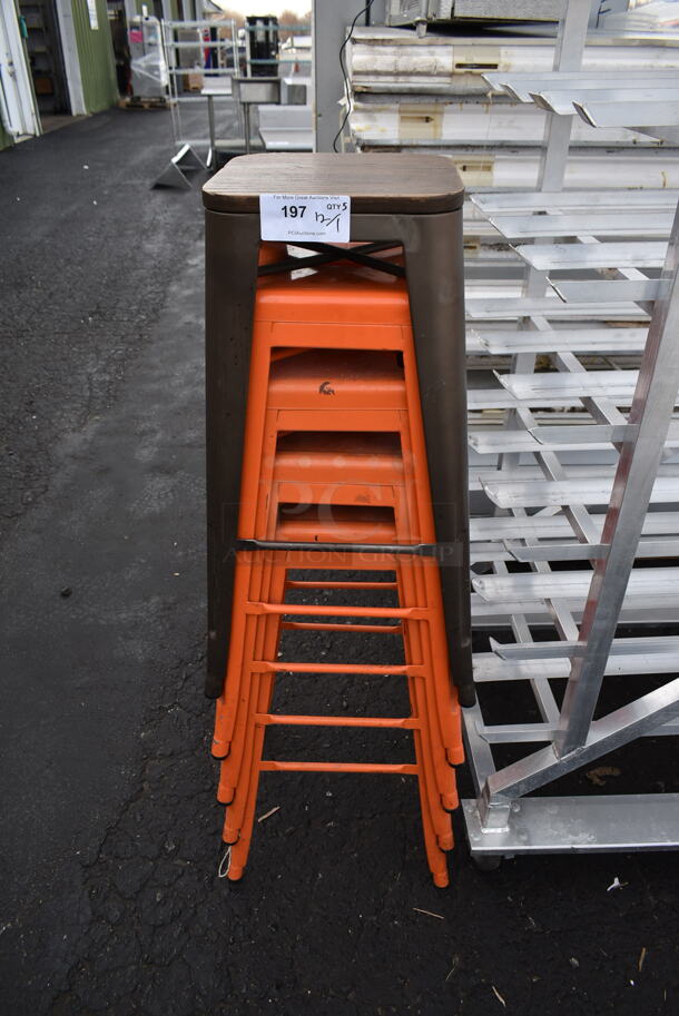 5 Metal Tolix Style Bar Stools; 1 Brown and 4 Orange. 5 Times Your Bid! - Image 1 of 4