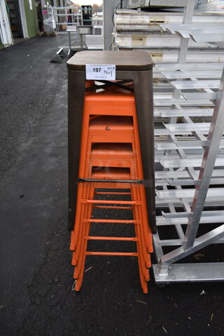 5 Metal Tolix Style Bar Stools; 1 Brown and 4 Orange. 5 Times Your Bid!