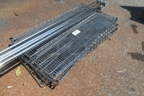 ALL ONE MONEY! Lot of 6 Chrome Finish Wire Shelves and 4 Poles on Commercial Casters - Image 2 of 3