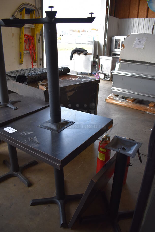 3 Dark Wood Pattern Tabletops on Black Metal Table Base. One Tabletop Is Detached From Its Base. 24x24x29. 3 Times Your Bid! - Image 4 of 7