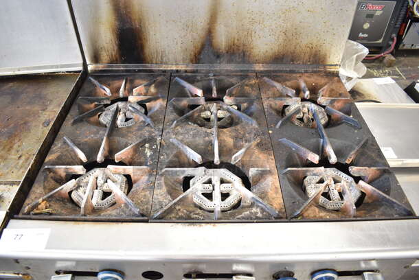 Stainless Steel Commercial Natural Gas Powered 6 Burner Range w/ Oven, Over Shelf and Back Splash on Commercial Casters.  - Image 3 of 5