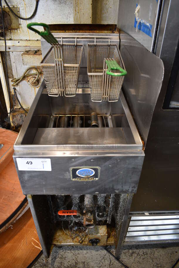 Stainless Steel Commercial Floor Style Natural Gas Powered Deep Fat Fryer w/ 2 Metal Fry Baskets and Right Side Splash Guard on Commercial Casters. 16x31x48