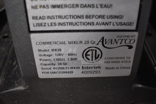 Avantco MX20 Metal Commercial 20 Quart Planetary Dough Mixer w/ Stainless Steel Mixing Bowl, Bowl Guard, Balloon Whisk Attachment. 120 Volts, 1 Phase. 19x21x32. Tested and Does Not Power On - Image 11 of 11