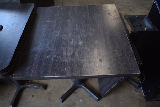 3 Dark Wood Pattern Tabletops on Black Metal Table Base. One Tabletop Is Detached From Its Base. 24x24x29. 3 Times Your Bid! - Image 7 of 7