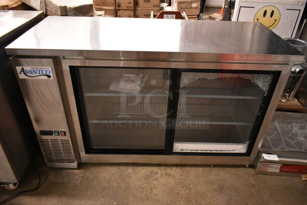 BRAND NEW SCRATCH AND DENT! Avantco 178UBB60SHCS 60" Stainless Steel Counter Height Narrow Sliding Glass Door Back Bar Refrigerator with LED Lighting. See Pictures for Broken Door Glass. 115 Volts, 1 Phase. Tested and Working! - Image 2 of 7