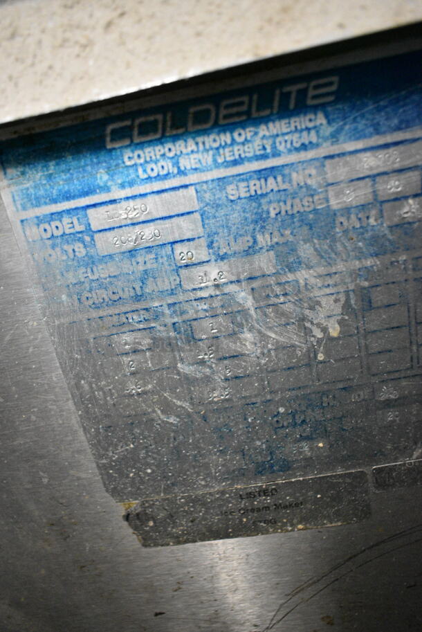 Coldelite LB250 Stainless Steel Commercial Floor Style Water Cooled Batch Freezer on Commercial Casters. 208/230 Volts, 3 Phase.  - Image 11 of 11