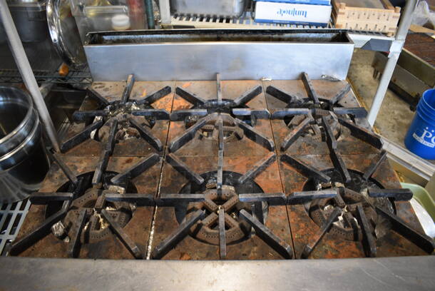 Jade Stainless Steel Commercial Natural Gas Powered 6 Burner Range w/ Oven and Backsplash. Leg Needs To Be Reattached. 36x38x42 - Image 5 of 8