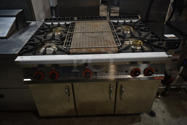 Lotus Stainless Steel Commercial Gas Powered 4 Burner Range w/ Center Burner, Under Shelf and 3 Doors.