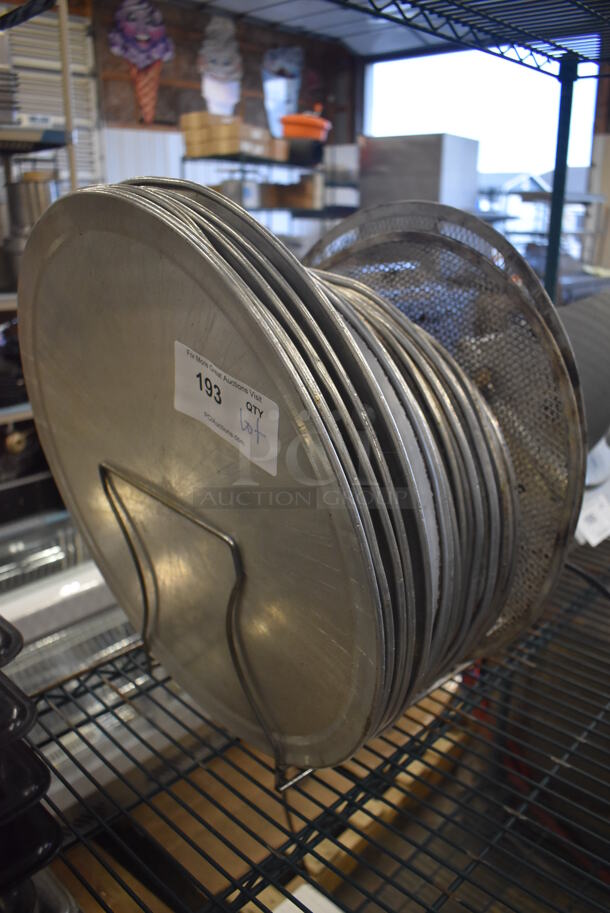 ALL ONE MONEY! Lot of Metal Pizza Pan Rack w/ 2 Metal Pizza Screens and 20 Metal Round Pizza Baking Pans. Rack: 14x9x9.5 - Image 6 of 6