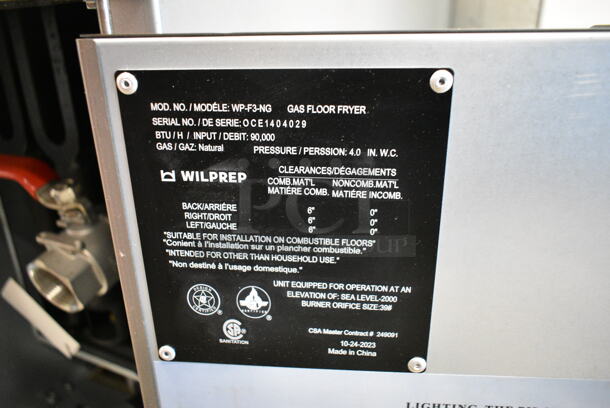 BRAND NEW SCRATCH AND DENT! Wilprep WP-F3-NG Stainless Steel Commercial Floor Style Natural Gas Powered Deep Fat Fryer w/ 2 Metal Fry Baskets. 90,000 BTU. - Image 8 of 8