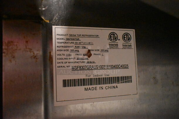 2018 Atosa MSF8307GR Stainless Steel Commercial Sandwich Salad Prep Table Bain Marie Mega Top. 115 Volts, 1 Phase. Tested and Working! - Image 7 of 7