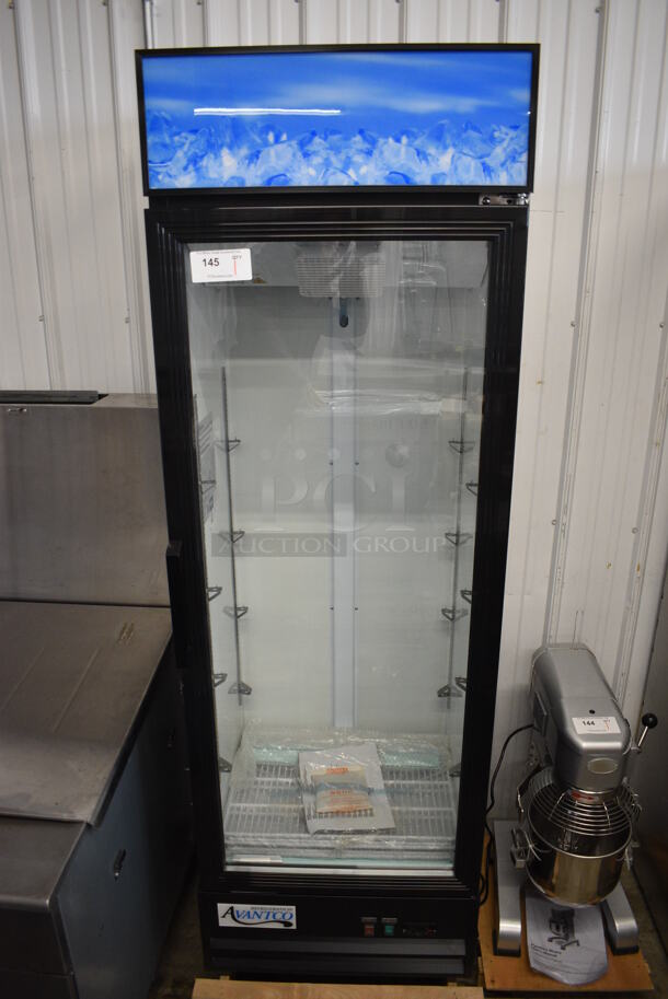 BRAND NEW! Avantco 178GDC15HCB Metal Commercial Single Door Reach In Cooler Merchandiser w/ Poly Coated Racks. 115 Volts, 1 Phase. 25x24x79. Tested and Working!