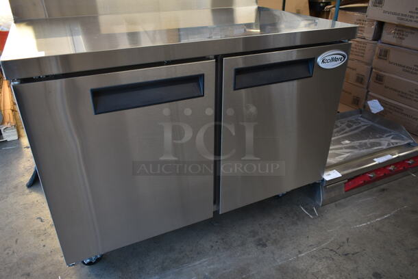 BRAND NEW SCRATCH AND DENT! 2023 KoolMore FWT-2D-12C Stainless Steel Commercial 2 Door Work Top Freezer w/ Back Splash on Commercial Casters. 115 Volts, 1 Phase. Tested and Working! - Image 4 of 8